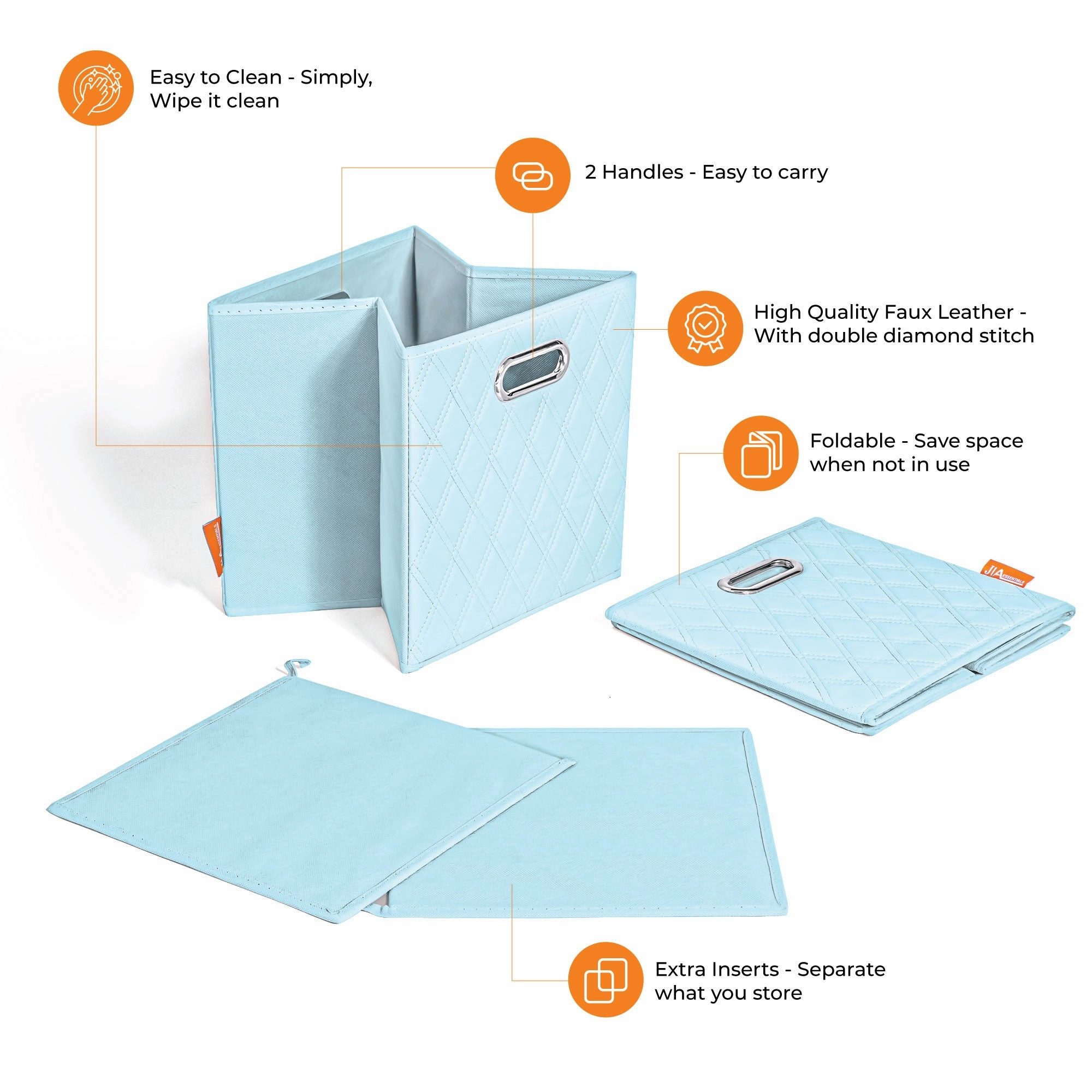 JIAessentials 11 inch Foldable Diamond Patterned Faux Leather Storage Cube Bins Set of Two with Dual Handles - 11" Blue