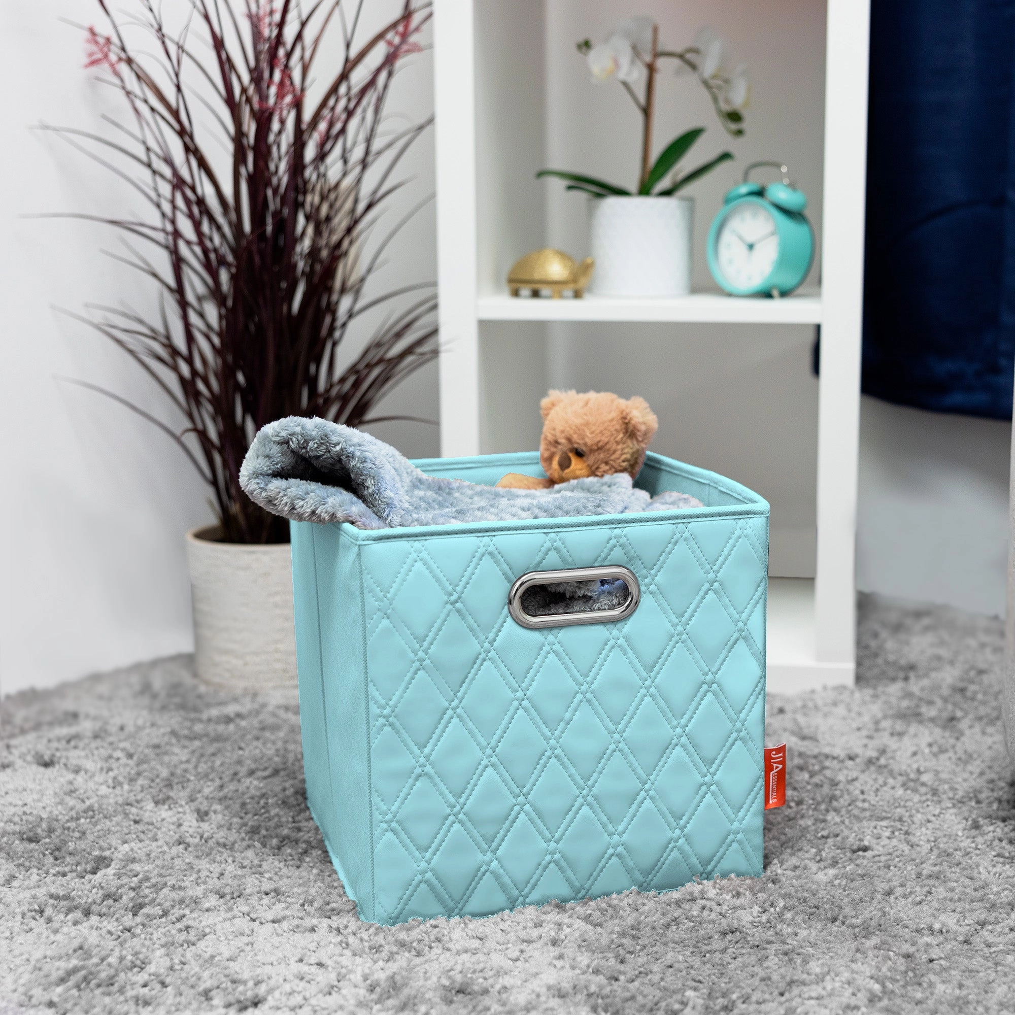 JIAessentials 11 inch Foldable Diamond Patterned Faux Leather Storage Cube Bins Set of Two with Dual Handles - 11" Blue