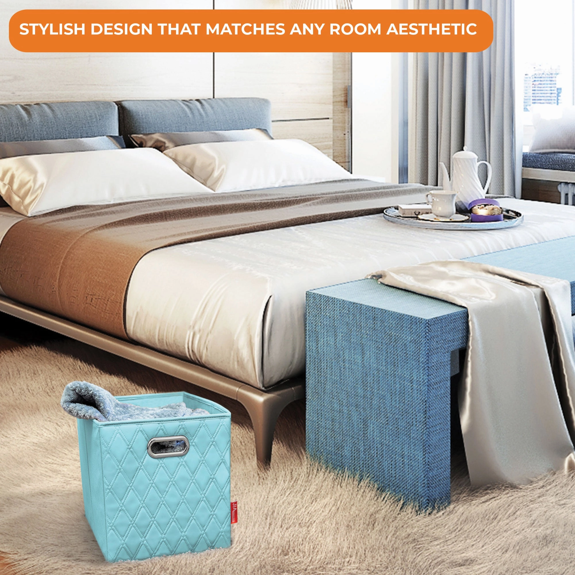 JIAessentials 11 inch Foldable Diamond Patterned Faux Leather Storage Cube Bins Set of Two with Dual Handles - 11" Blue