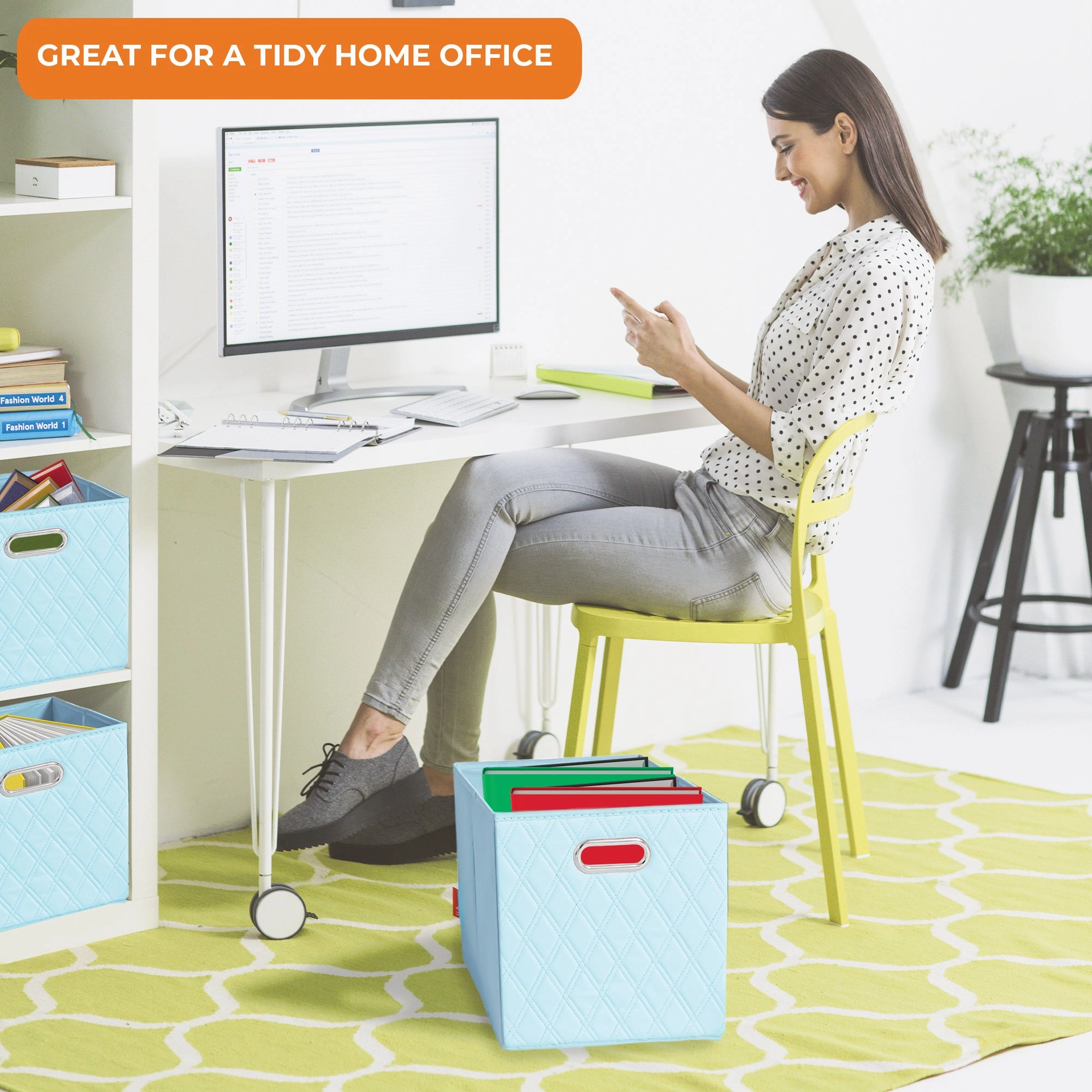 JIAessentials 11 inch Foldable Diamond Patterned Faux Leather Storage Cube Bins Set of Two with Dual Handles - 11" Blue