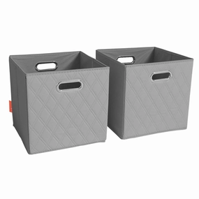 JIAessentials 11 inch Foldable Diamond Patterned Faux Leather Storage Cube Bins Set of Two with Dual Handles - 11" Gray