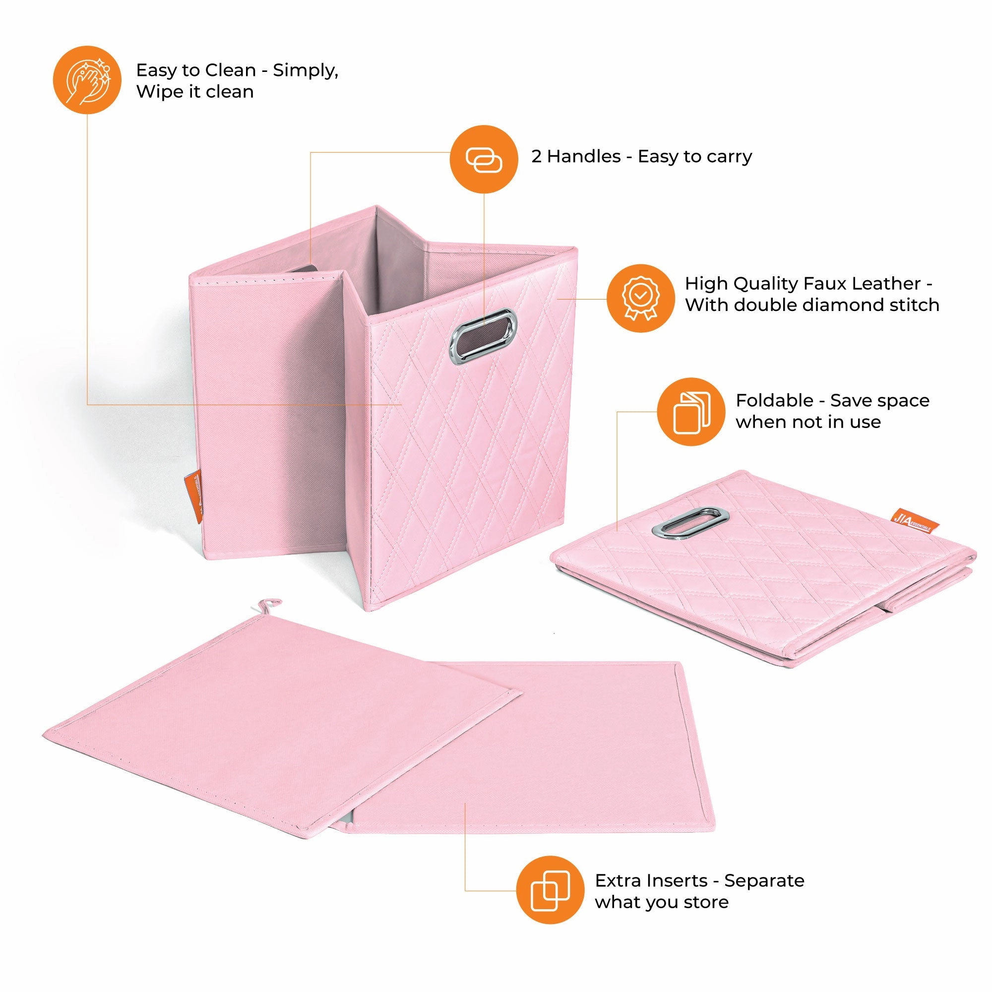 JIAessentials 11 inch Foldable Diamond Patterned Faux Leather Storage Cube Bins Set of Two with Dual Handles - 11" Pink