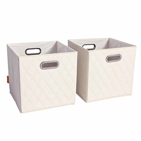 JIAessentials 12 inch Foldable Diamond Patterned Faux Leather Storage Cube Bins Set of Two with Dual Handles - 12" Beige