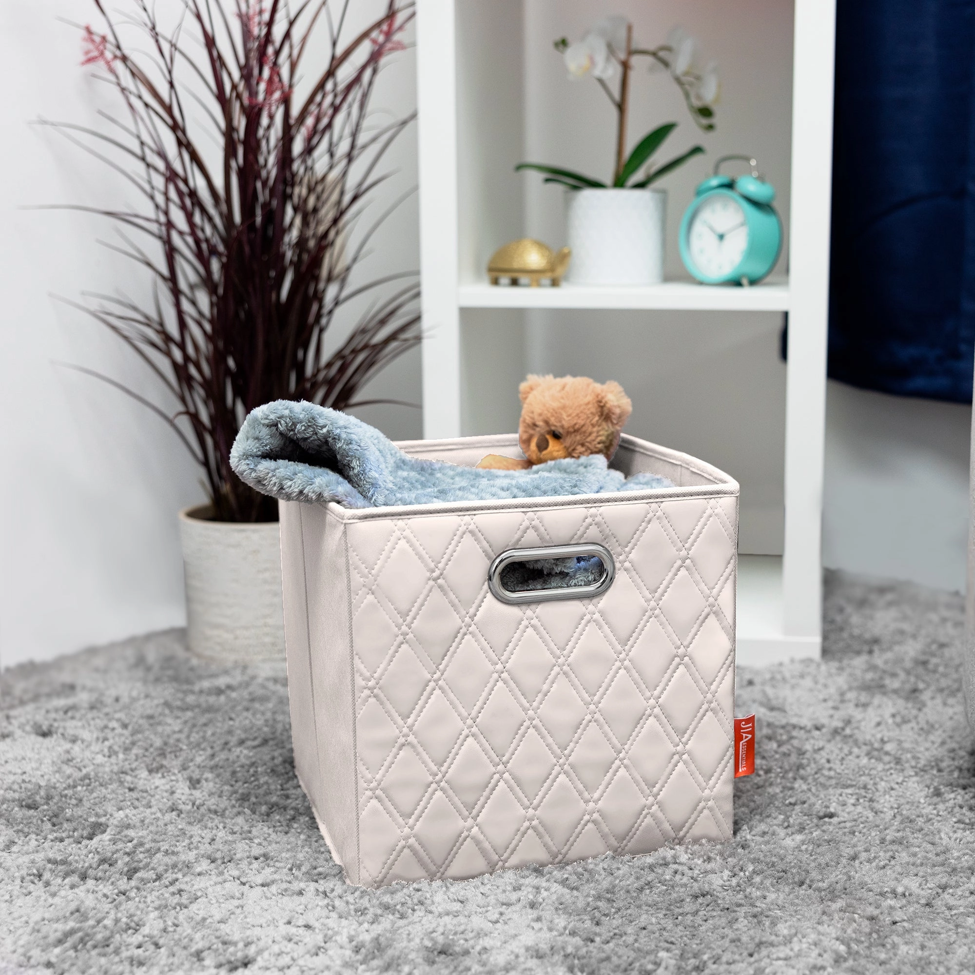 JIAessentials 12 inch Foldable Diamond Patterned Faux Leather Storage Cube Bins Set of Two with Dual Handles - 12" Beige