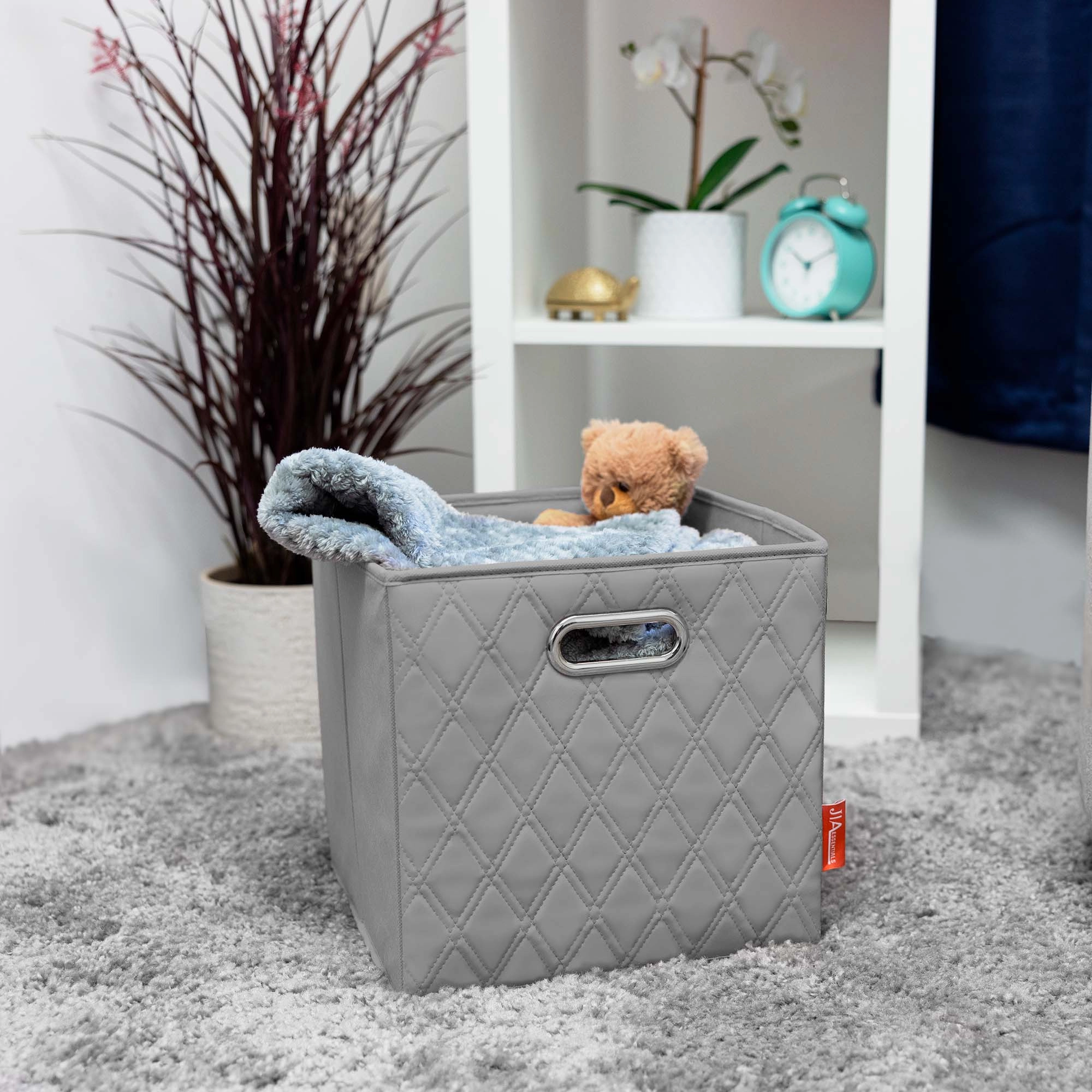 JIAessentials 12 inch Foldable Diamond Patterned Faux Leather Storage Cube Bins Set of Two with Dual Handles - 12" Gray