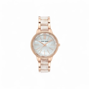 Marbleized Resin Bracelet Watch - White & Rose Gold-tone
