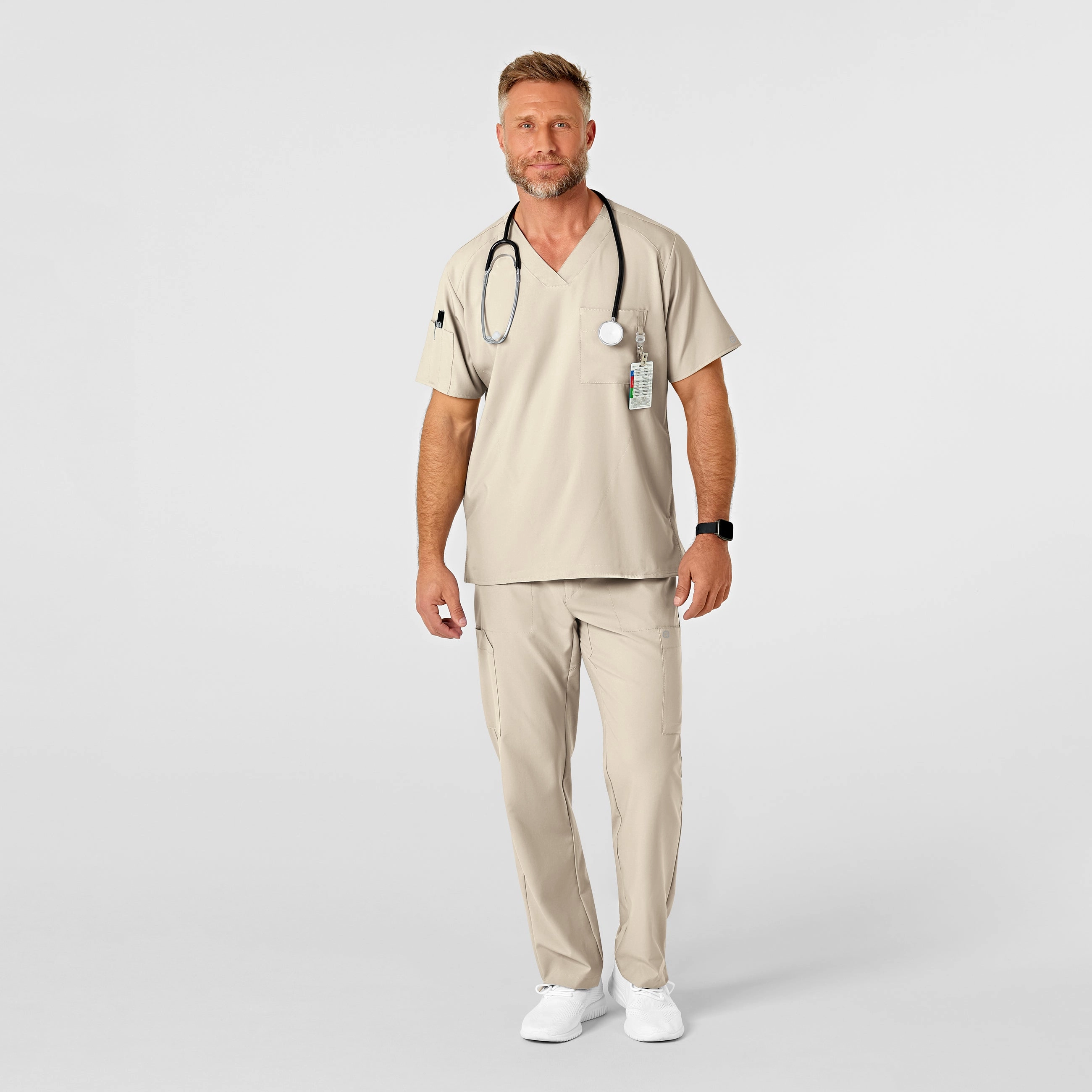 W123 Men's Flat Front Cargo Scrub Pant - Khaki