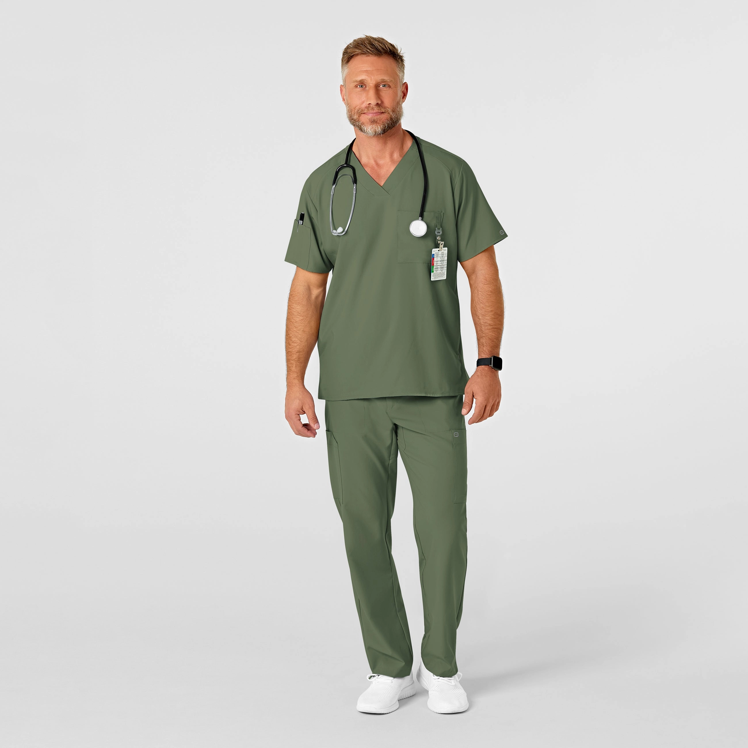 W123 Men's Flat Front Cargo Scrub Pant - Olive