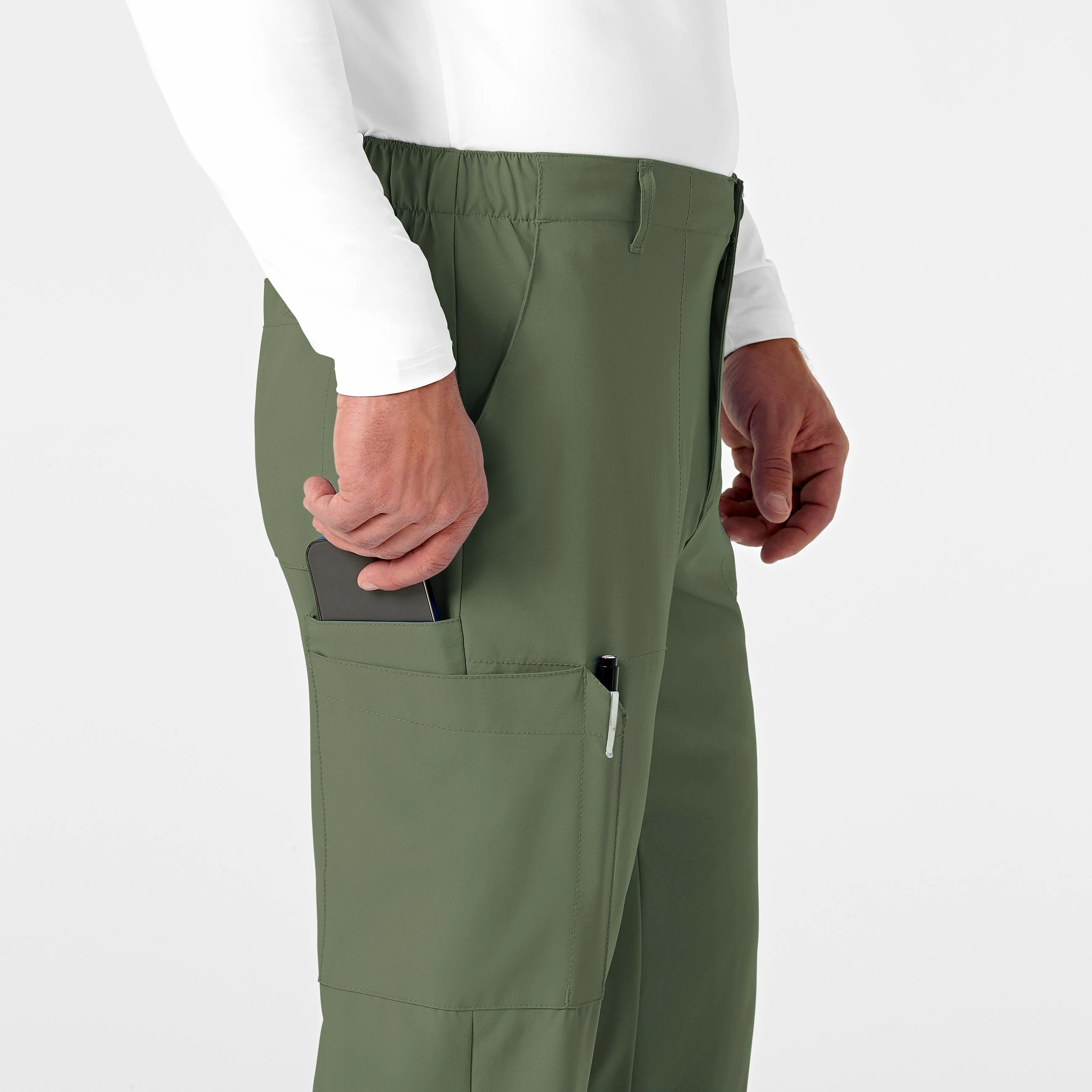 W123 Men's Flat Front Cargo Scrub Pant - Olive