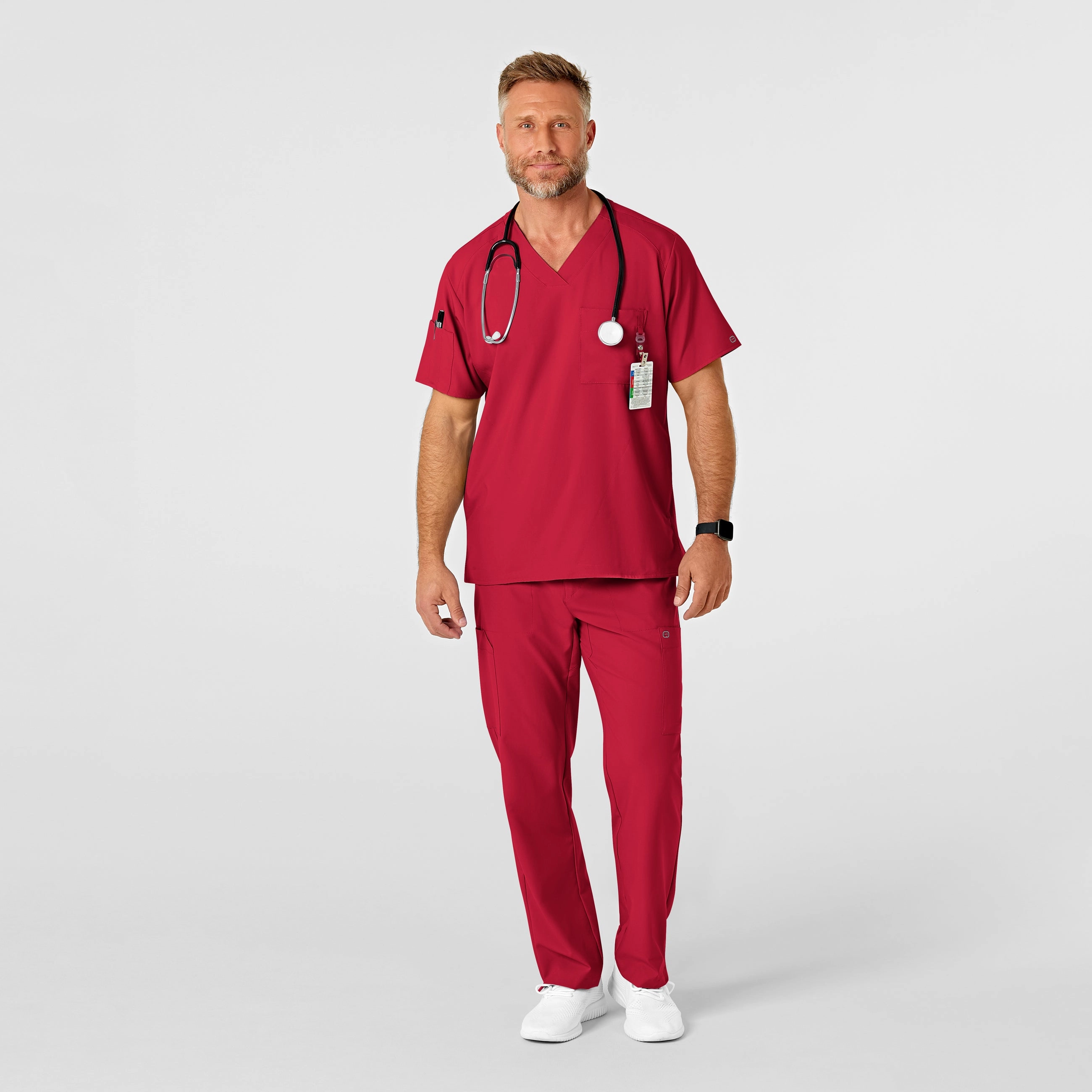 W123 Men's Flat Front Cargo Scrub Pant - Red