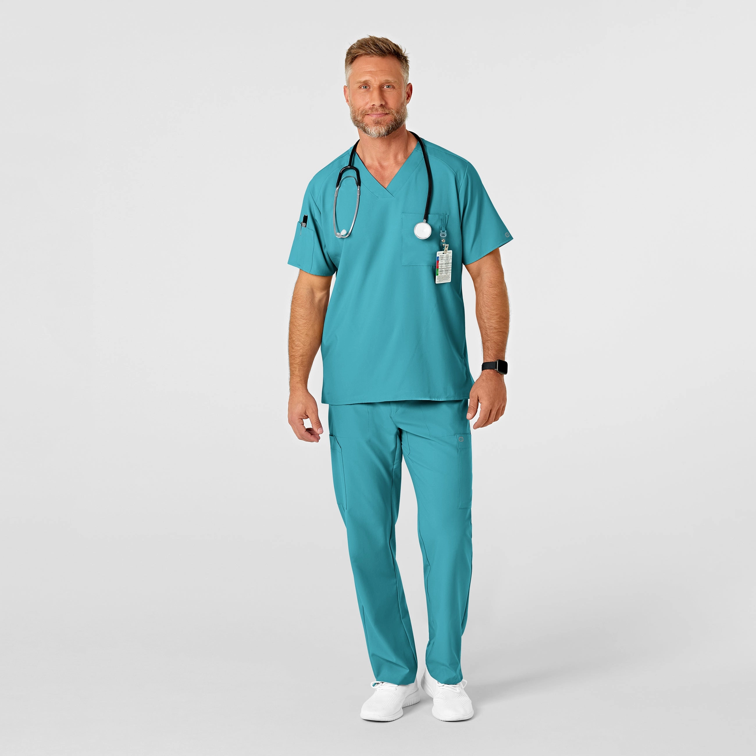 W123 Men's Flat Front Cargo Scrub Pant - Teal Blue