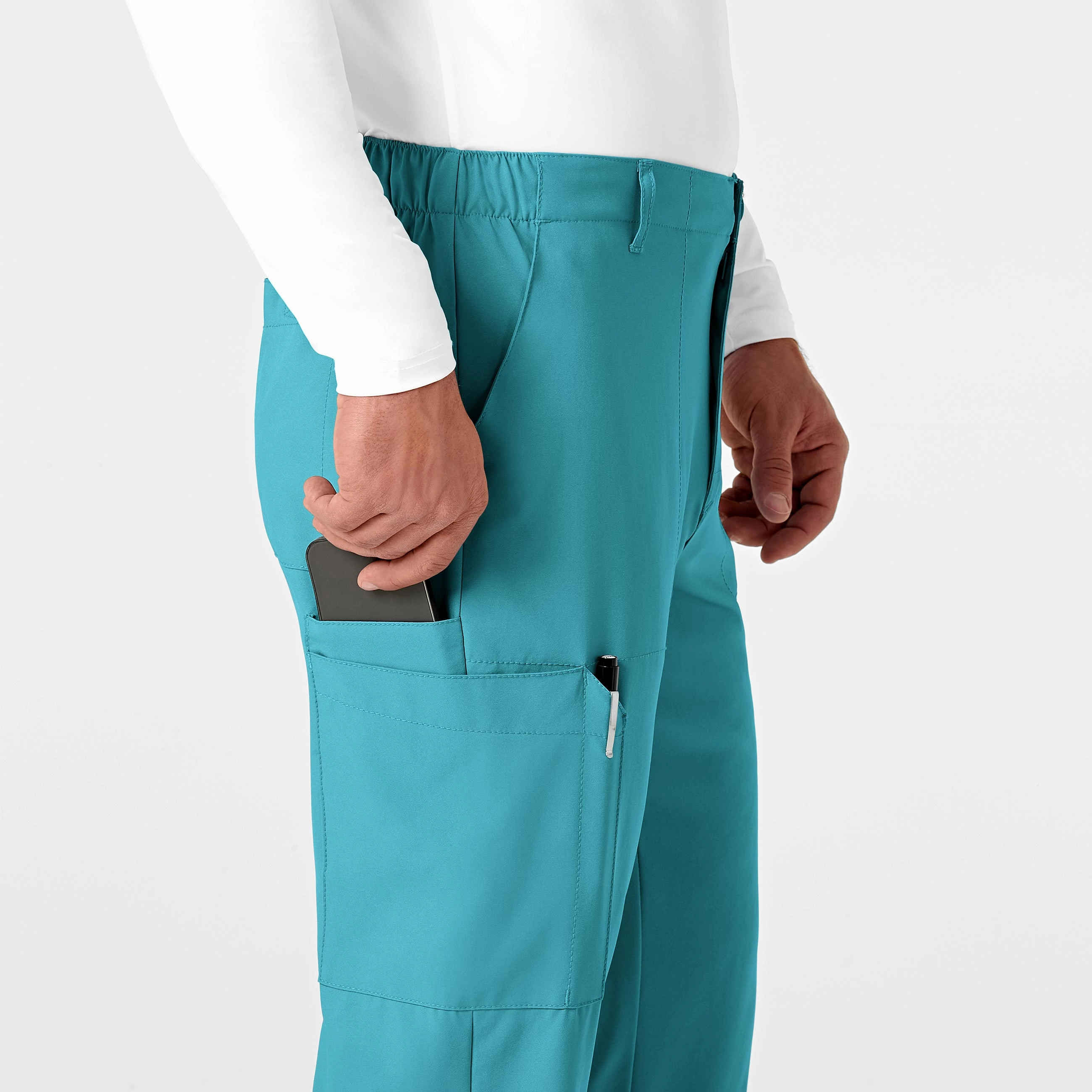 W123 Men's Flat Front Cargo Scrub Pant - Teal Blue