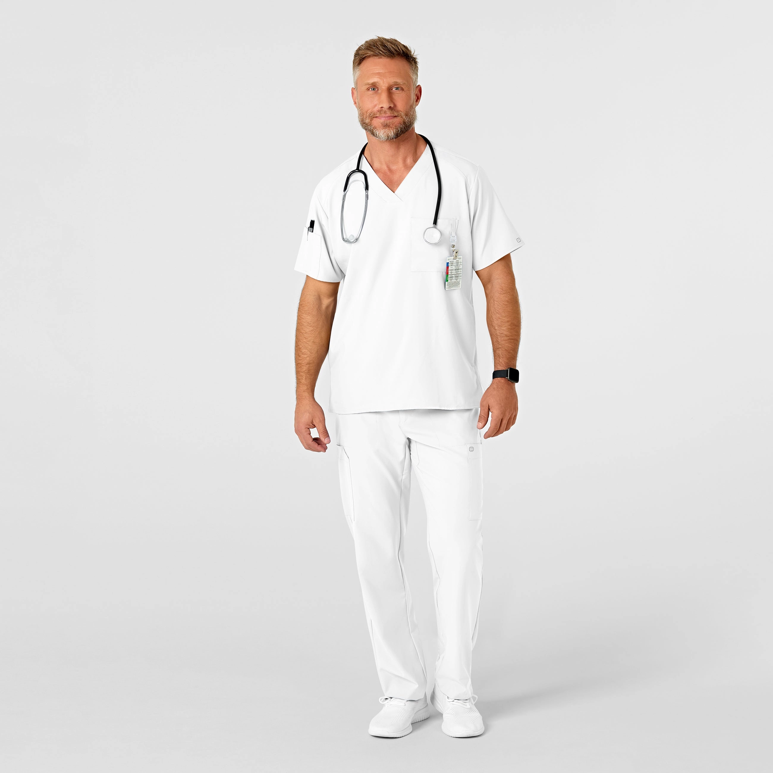 W123 Men's Flat Front Cargo Scrub Pant - White