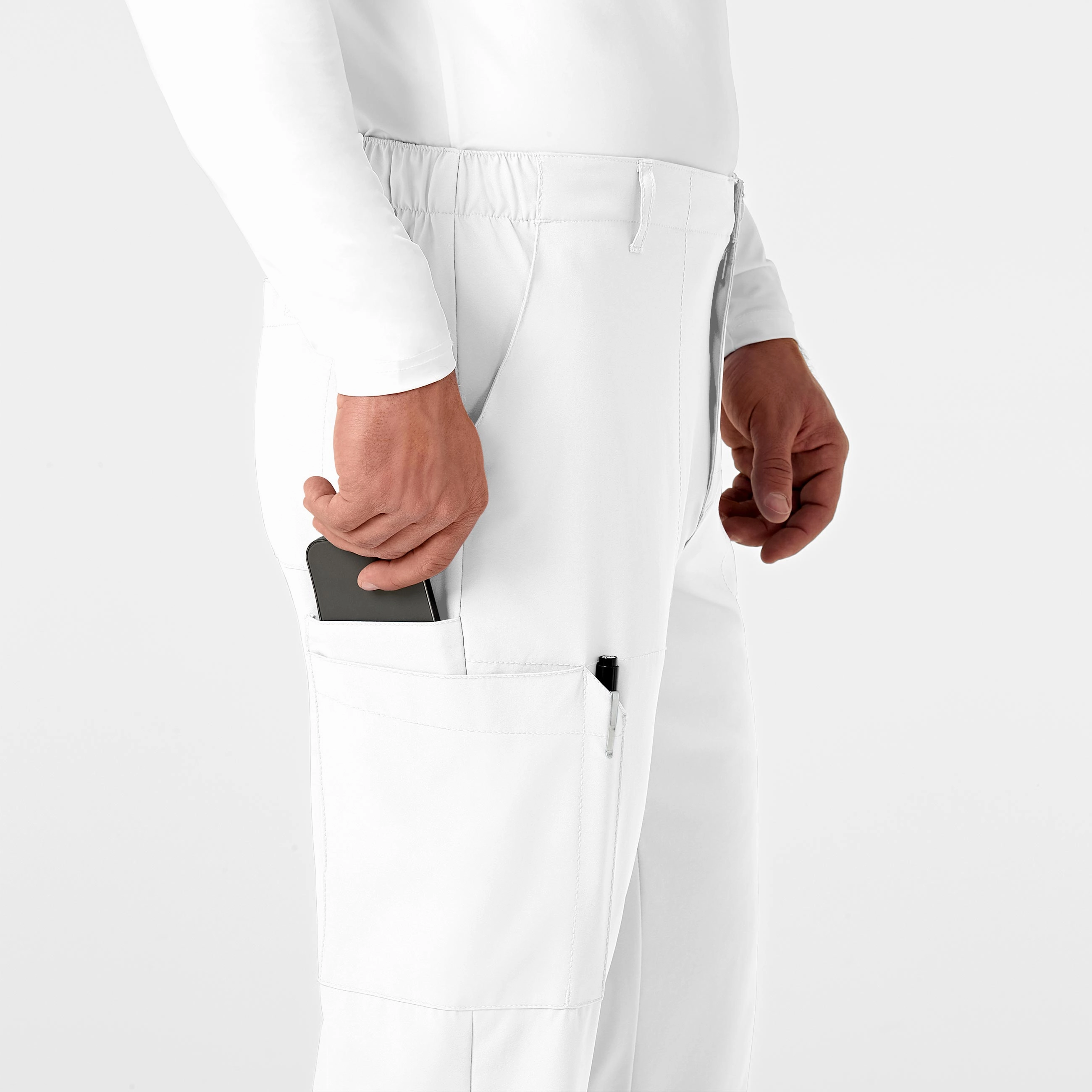 W123 Men's Flat Front Cargo Scrub Pant - White